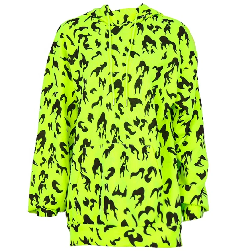 
2019 hot selling full flame print plus long fluorescent color sweater girls neon long hoodie 