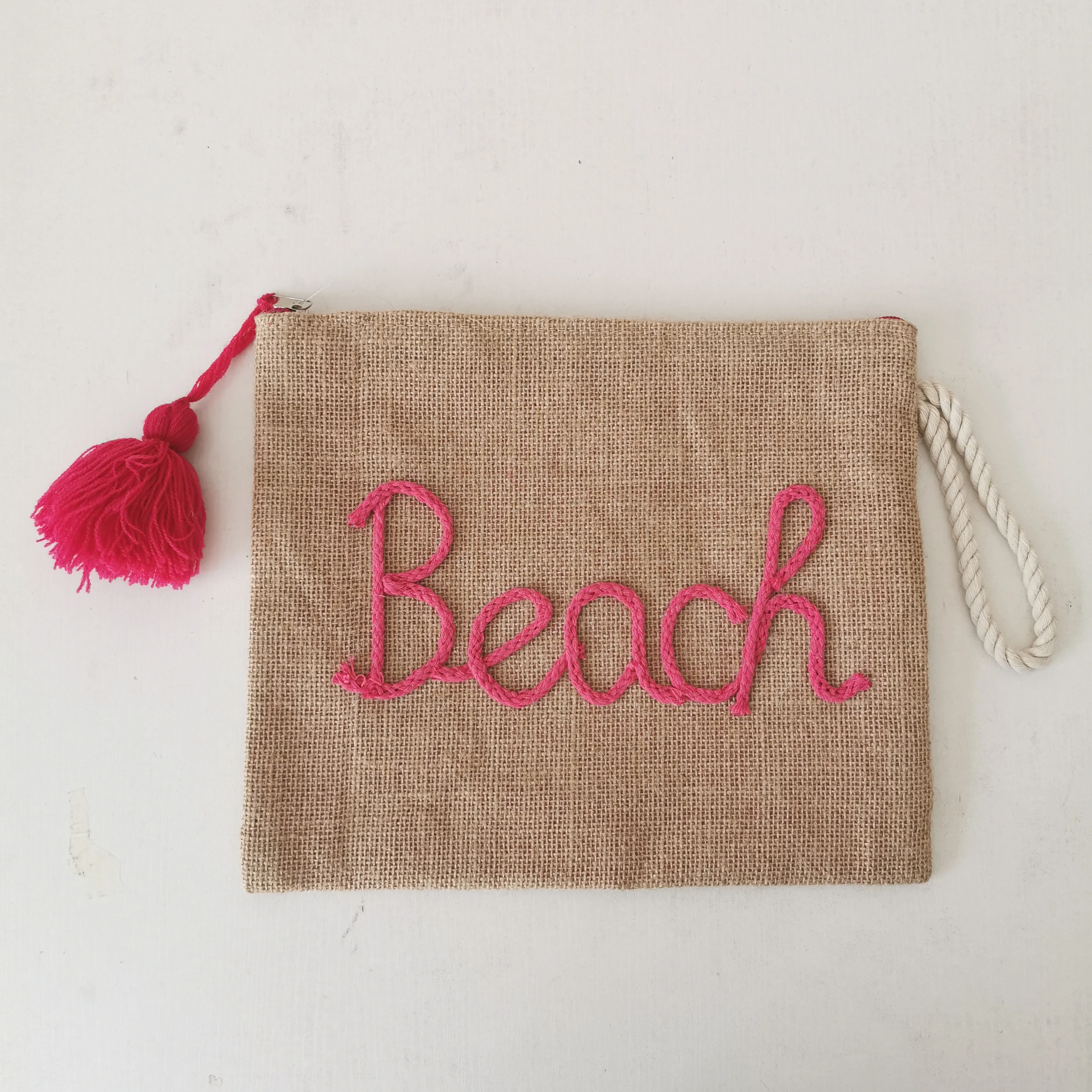 Factory New Jute Clutch Bag Women Japan-Style Tote Handbag Waterproof Cotton Lining Zipper Portable Rope Embroidery Purse