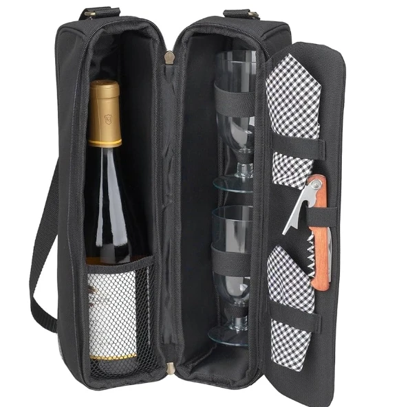 Custom 2 Bottle Travel Wine tote Bag with Cooler Compartment