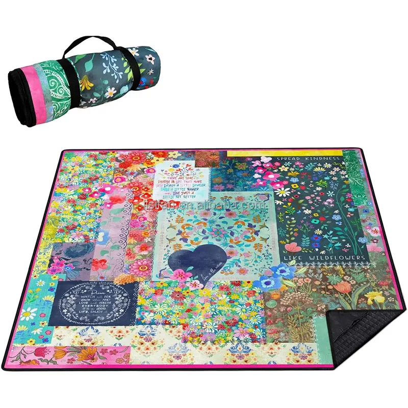 New Arrival Floral Pattern Picnic Mat Waterproof Foldable Lawn Straw Mat Beach Blanket For Outdoor Camping
