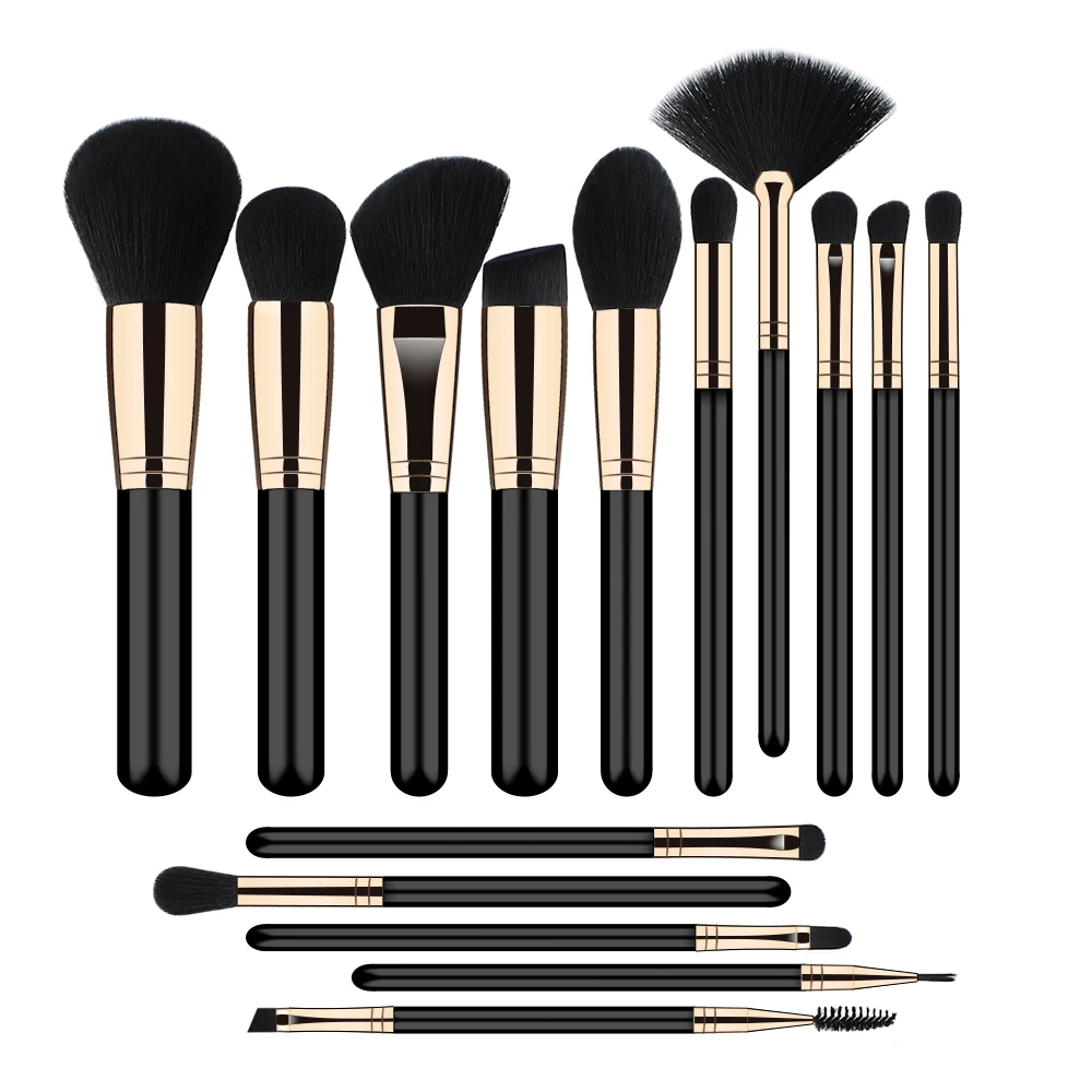 FEIYAN Dropshipping Agent Shopify 15pcs Black Gold And Black Hair Face Natural Vegan Nano Fibre Kabuki Makeup Brush