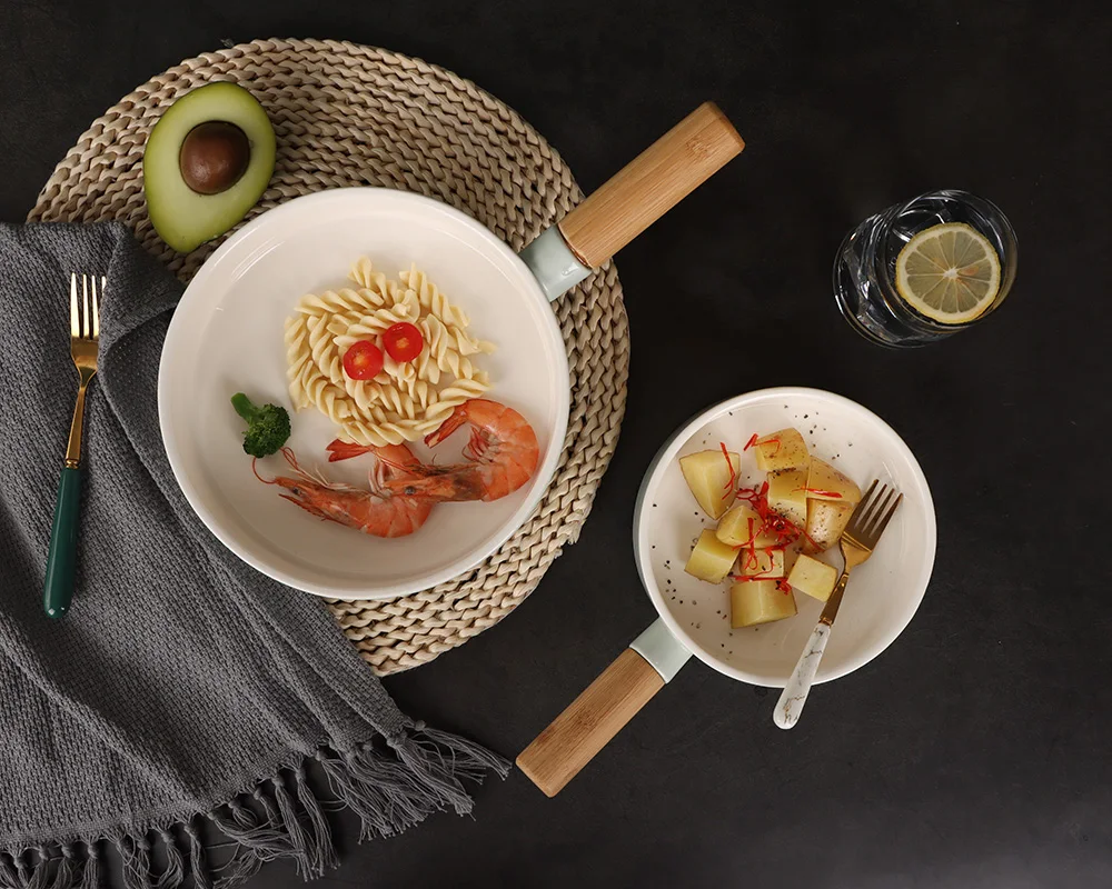 white blue pink round  fine bone china with wooden handle everyday use Food tray deep plate