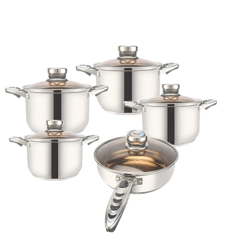 12pcs Eastern Europe Stainless Steel Cookware set with Thermometer Classic Metal Kitchen Cooking Pot 5 Layers Universal Bottom