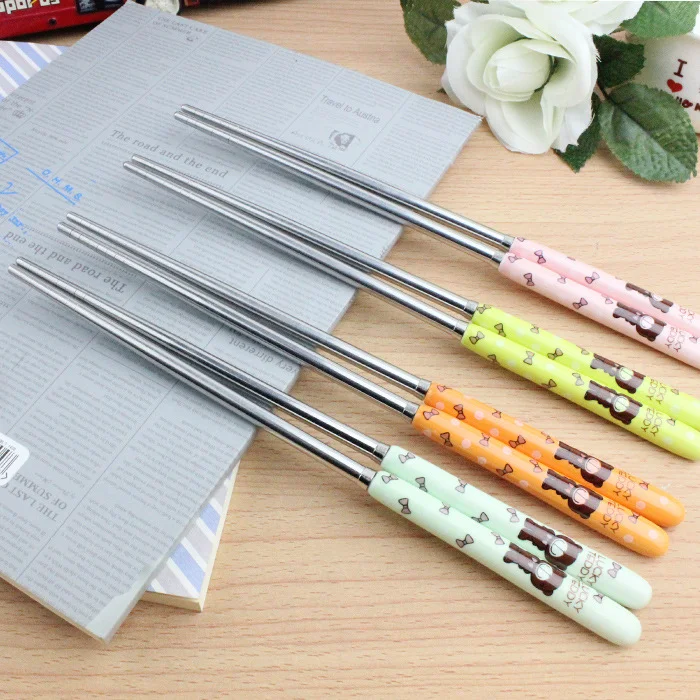 Bear pattern cute cartoon Korean ceramic stainless steel tableware four color chopsticks