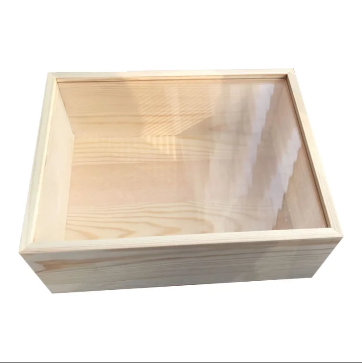 Factory price transparent glass lid package gift wooden box hand-made toy food dustproof storage box