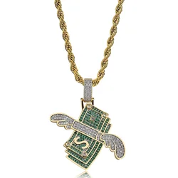 Hip Hop 14k Gold Plated Iced Out CZ Diamond Flying Wings Charm Dollar Pendant Necklace