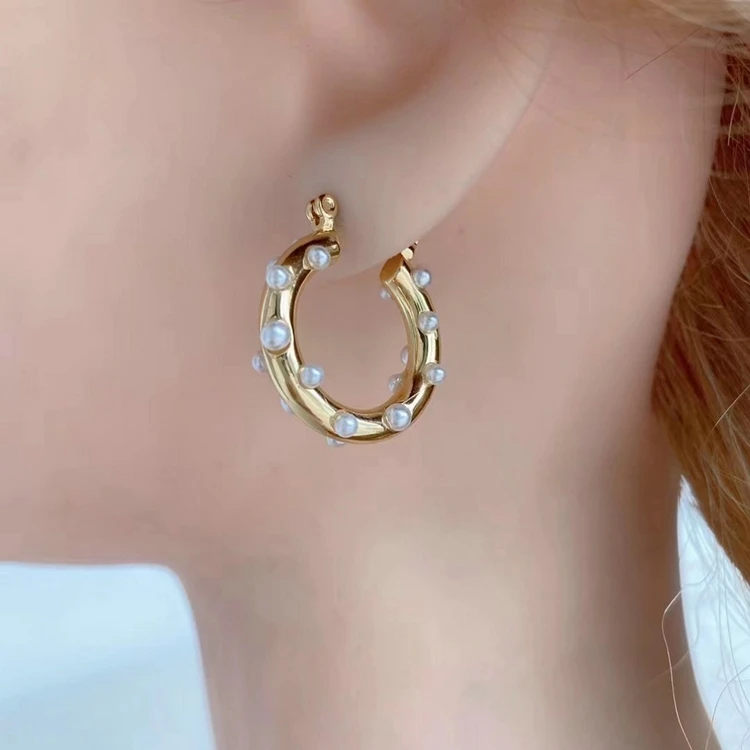 Big Large Round Circle Hoop Earrings Pearl Beads 18K Gold Sliver Color Brass Stud Earrings