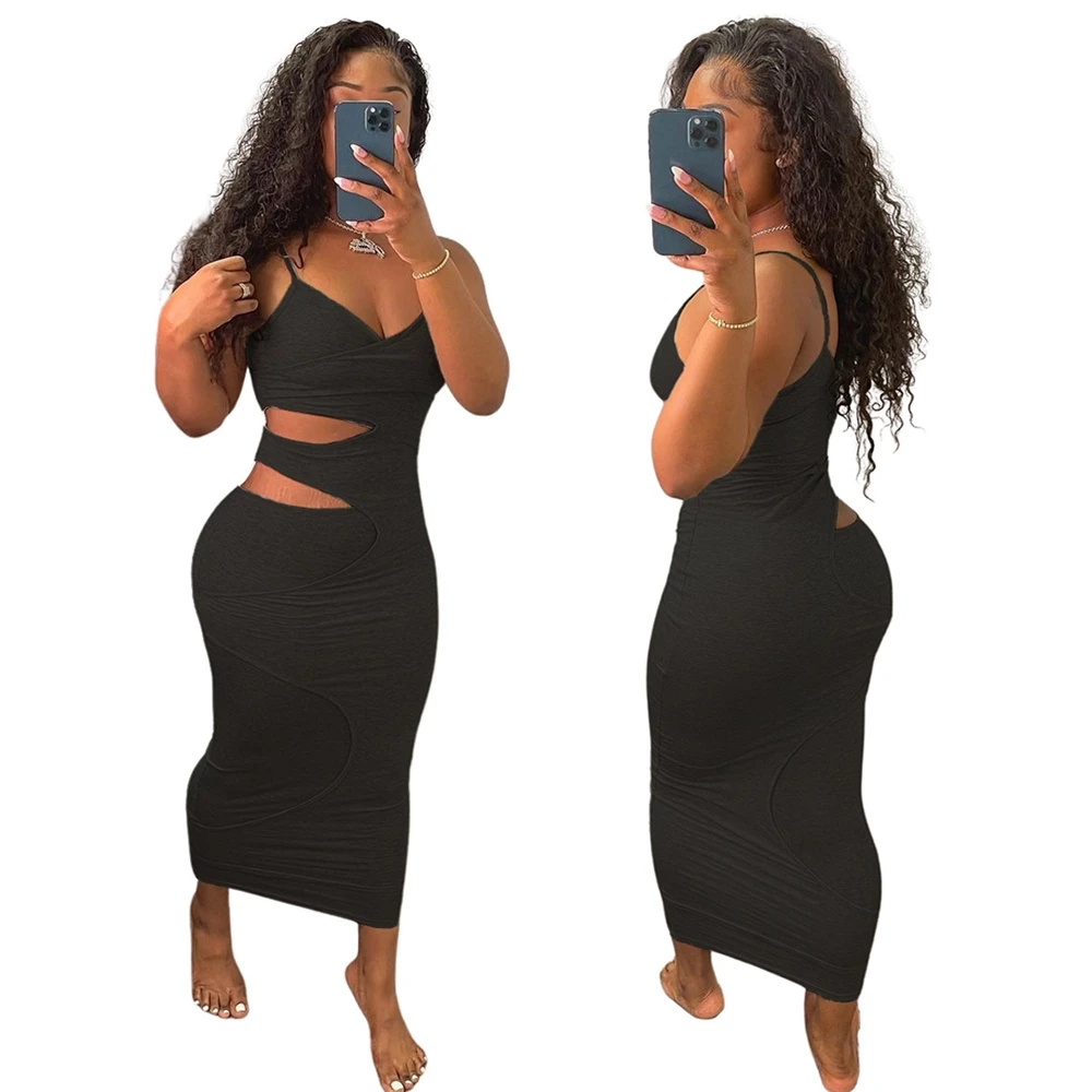 EB-2022 new041710    Hollow Out Women Summer New Sleeveless Dress Halter Bodycon Casual Midi Cotton Dress 2022 new21 Women Clothing