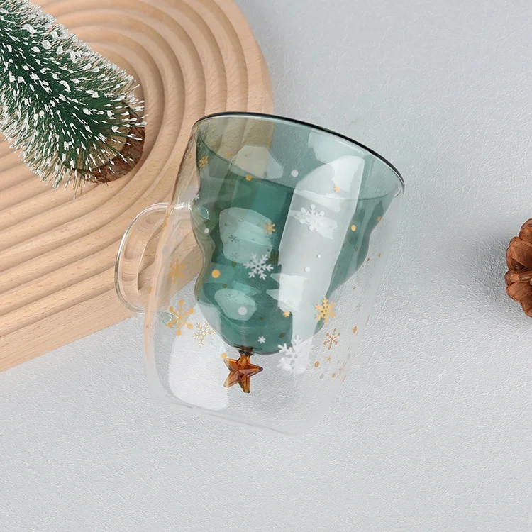 Gloway Manufacturer Cute Christmas Heat Resistant Handled Insulated Coffee Mug Christmas Tree Cup Double Wall Glass Mug With Lid