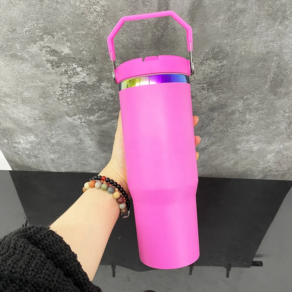 sublimation printing best hot selling rainbow plated vacuum insulated stainless steel 30oz flip straw tumbler with flip straw