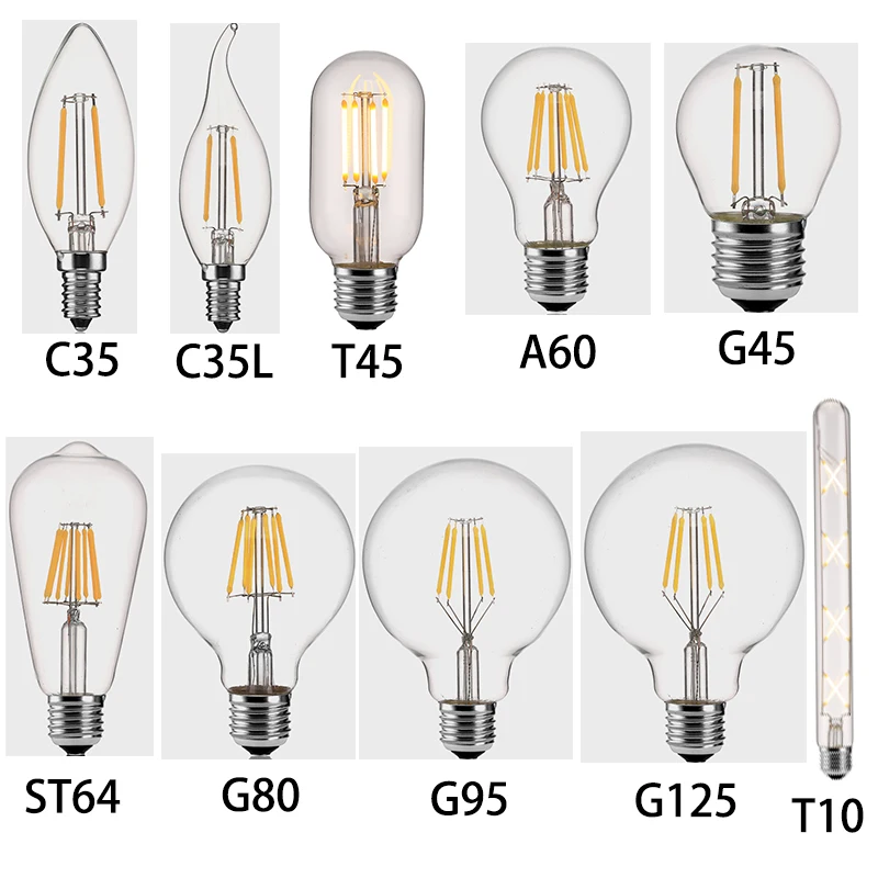  Стеклянная электрическая лампа Эдисона ST64 A60 G45 G80 G95 T45 T10 T30 T185 2 Вт 4 6 8 винтажная Светодиодная