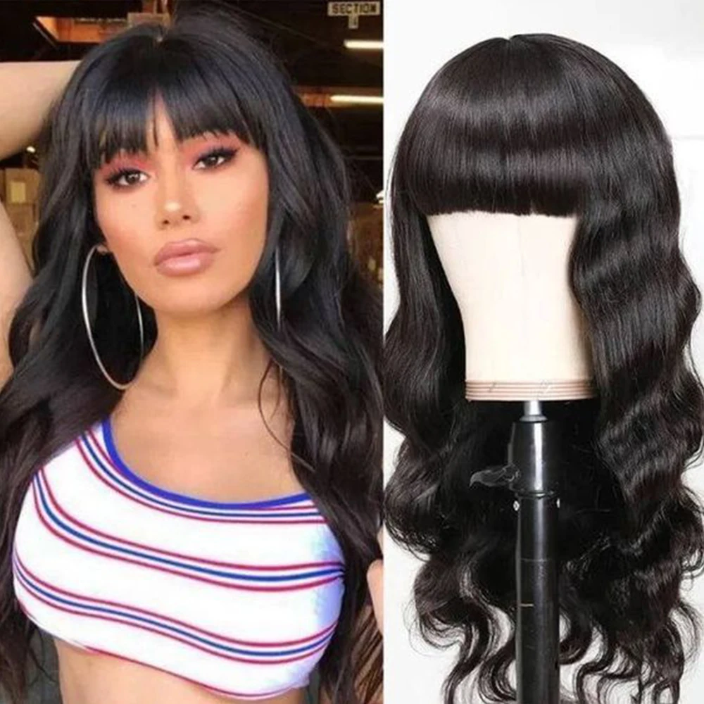 Body Wave wig Human Hair sunlight Remy Long Wavy Full Machine Wig with Bangs Fashion Party Costume Human Hair Wigs for Women