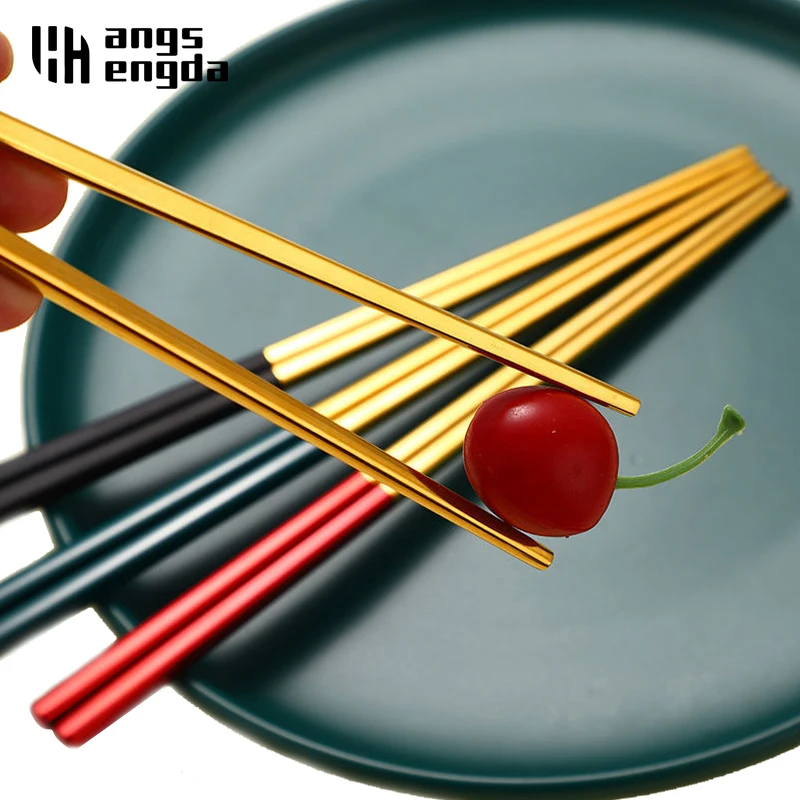1 Pair Matte Gold Japanese Korean Style Chinese Chopsticks Sushi Sticks Noodles Rolls Food Tableware Reusable Metal Chopsticks