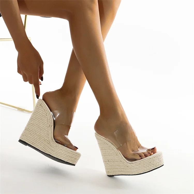 Summer PVC Transparent Peep Toe Cane Straw Weave Platform Wedges Slippers Sandals Women Fashion High Heels Female Shoes