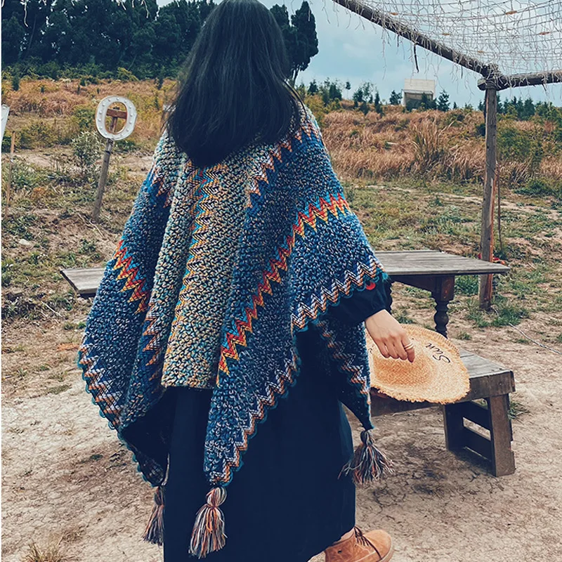 Women Traditional Retro Winter Vintage Poncho Capes Blanket Cardigan Coat Scarf Wrap Tassel Warm Shawl