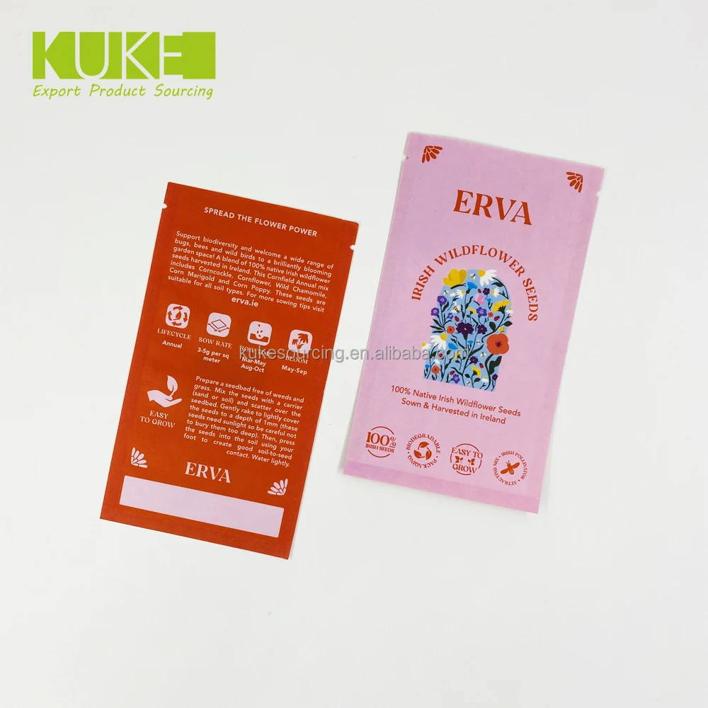 Customized Printed Kraft Paper Three Side Sealed Sachet Biodegradable Compostable Seed Tea Packaging Bag