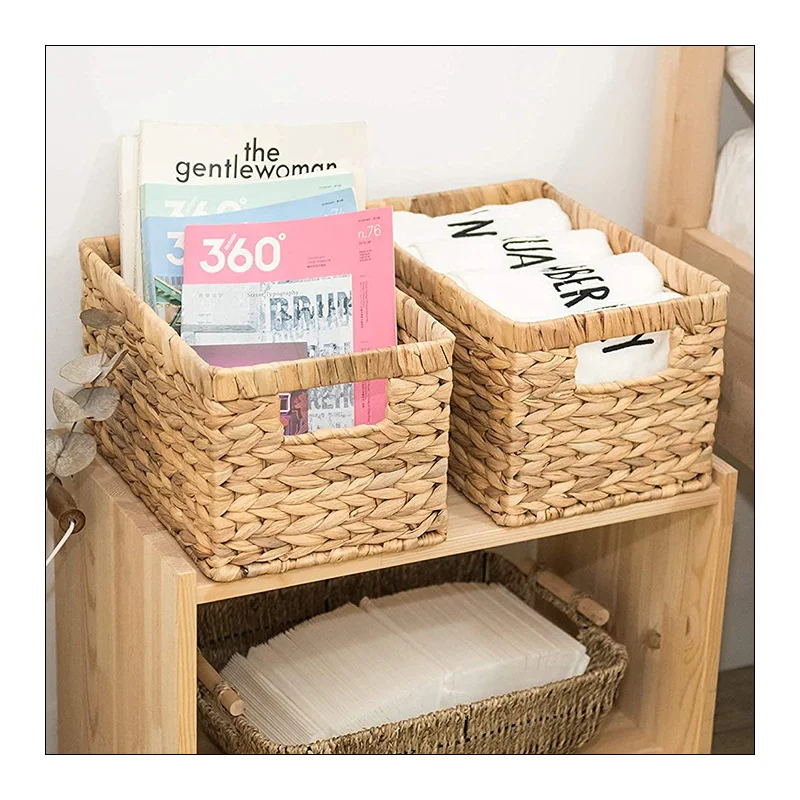 High Quality Water Hyacinth Storage Baskets Dog Bamboo Square Fabric Toy Box Rattan Gift Basket
