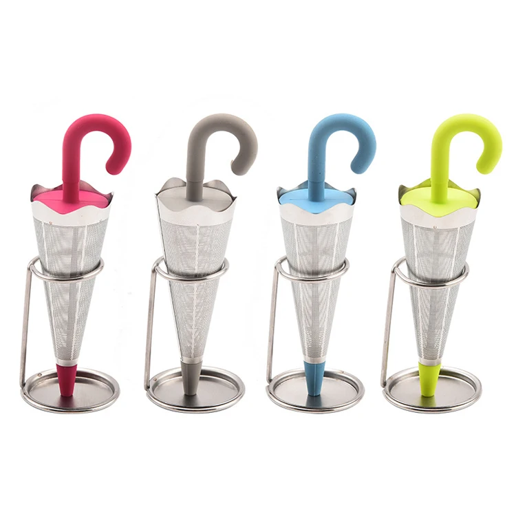 Stainless Steel & Silicone Umbrella Shaped Stand Loose Leaf Tea Infuser Strainer Includes Drip Stand