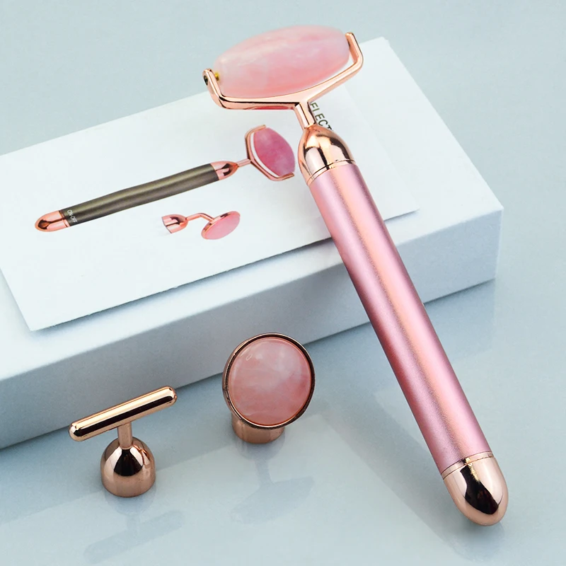 Оптовая продажа, электрический ролик из розового кварца с логотипом на заказ для лифтинга лица, вибрационный нефритовый ролик для массажа лица
