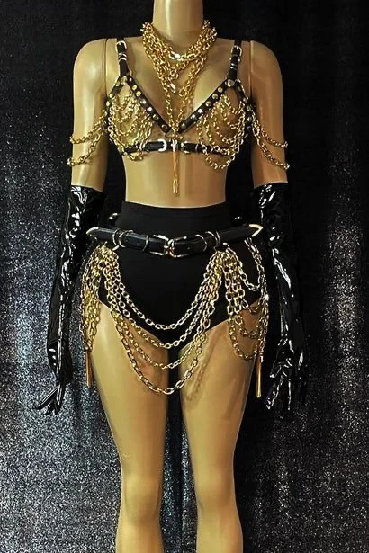 Sexy Gold Hollow Out Tassel Chains Bra Shorts Stage Performance Stripper Outfits Sets Exotic Dancewear Women Club Show Costume