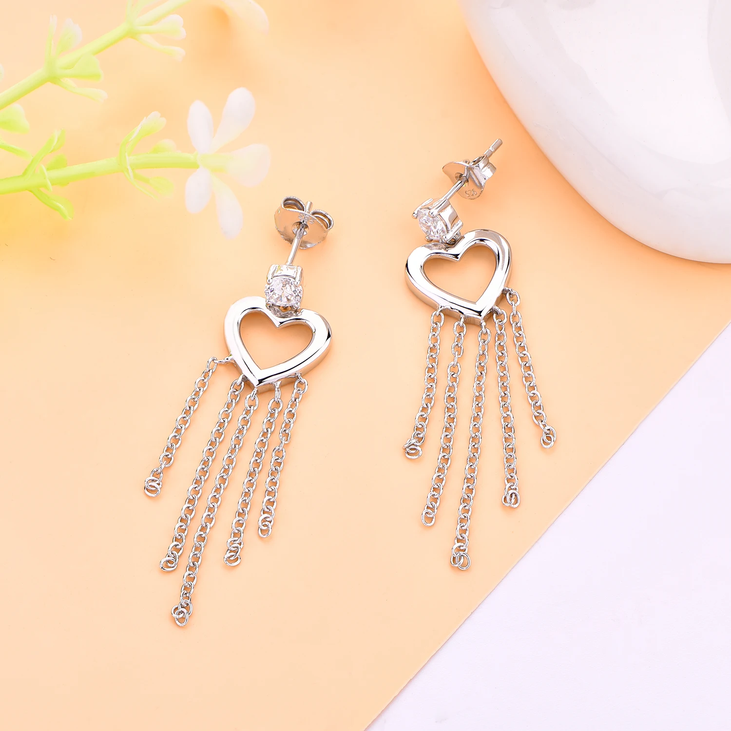 925 Sterling Silver Heart Shape Rhinestone Earrings Fashion Jewelry Love Shiny Crystal Tassel Earrings Women
