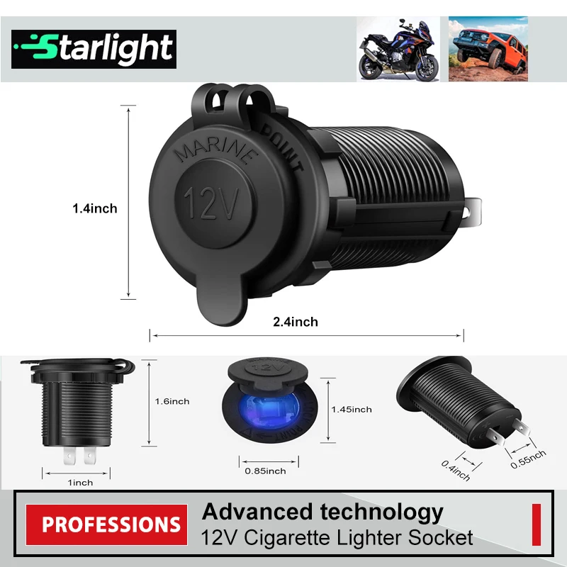 Car Cigarette Lighter Socket DC 12V, Waterproof Power Outlet Adapter Replacement with Panel for Marine Motorcycle Boat Truck