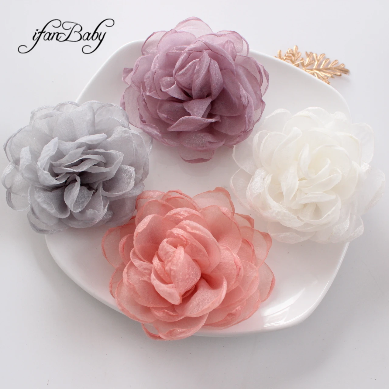 9-10cm Women Girl Chic Rosette Organza Floral Singed Burned Fabric Flowers For Hair Accessories