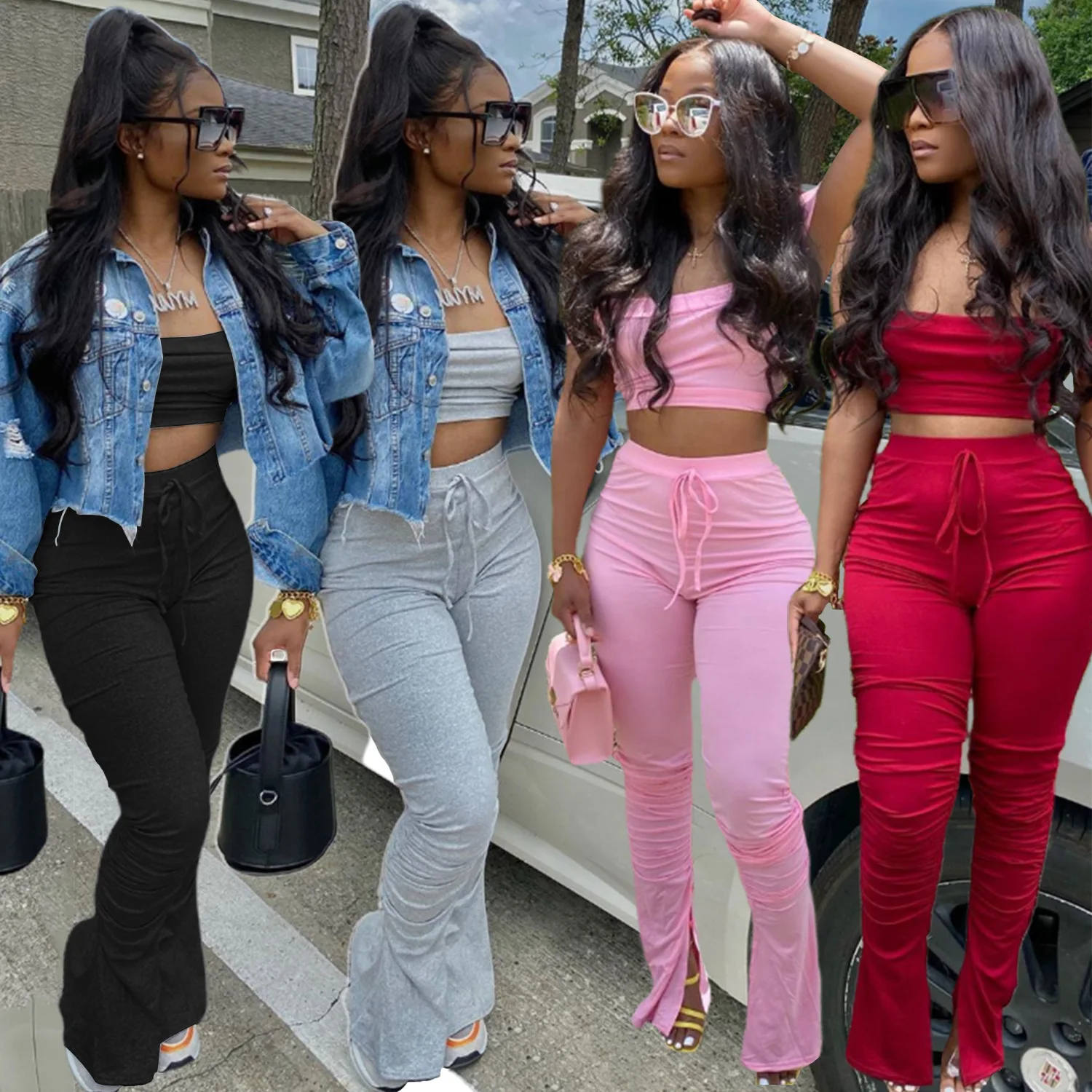 HJ ZSE29 20%Off Tight Off Shoulder Crop Top Shirts Vendors Women Stacked Joggers Flare Pant Clothing 2 Peice Outfits