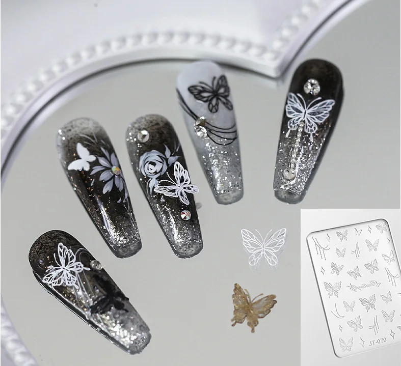 Silicone Nail Carving Mold Little Bear Flowers Mould Stamping Plate Nails Stencils