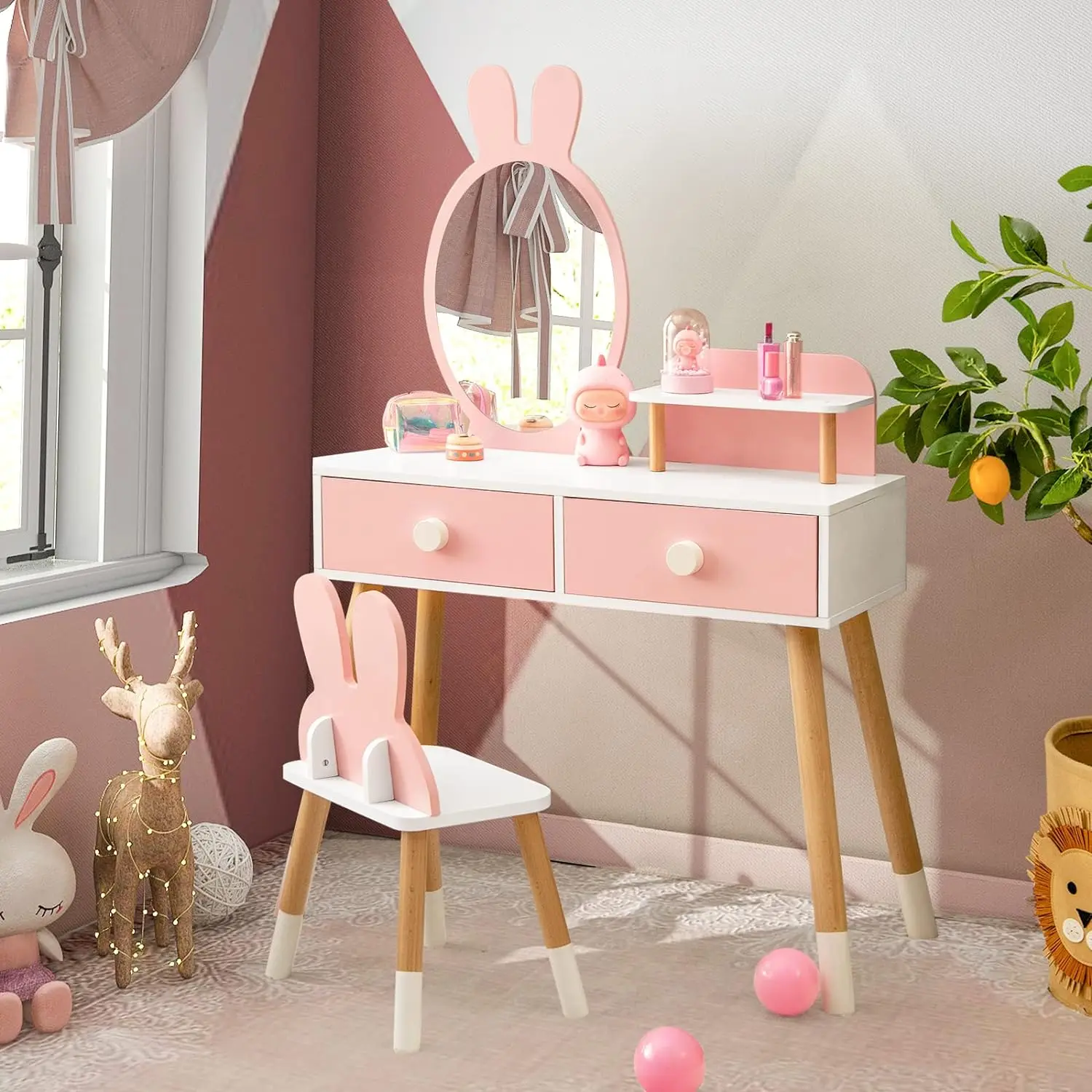 Fast Delivery Baby Cosmetic Mirror Bedroom Pink Chair Children Wooden Vanity Makeup Dresser Classic Dressing Tables For Girl