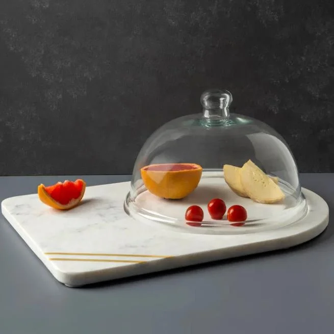 Marble Serve Plate with Glass Lid Cheese Board Tray Charcuterie Serving Board