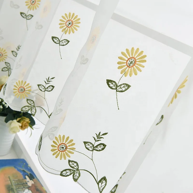 Yellow Daisy Kitchen Sheer Curtain Sunflower Embroidery Short Window Valances Without Curtains Yellow Floral