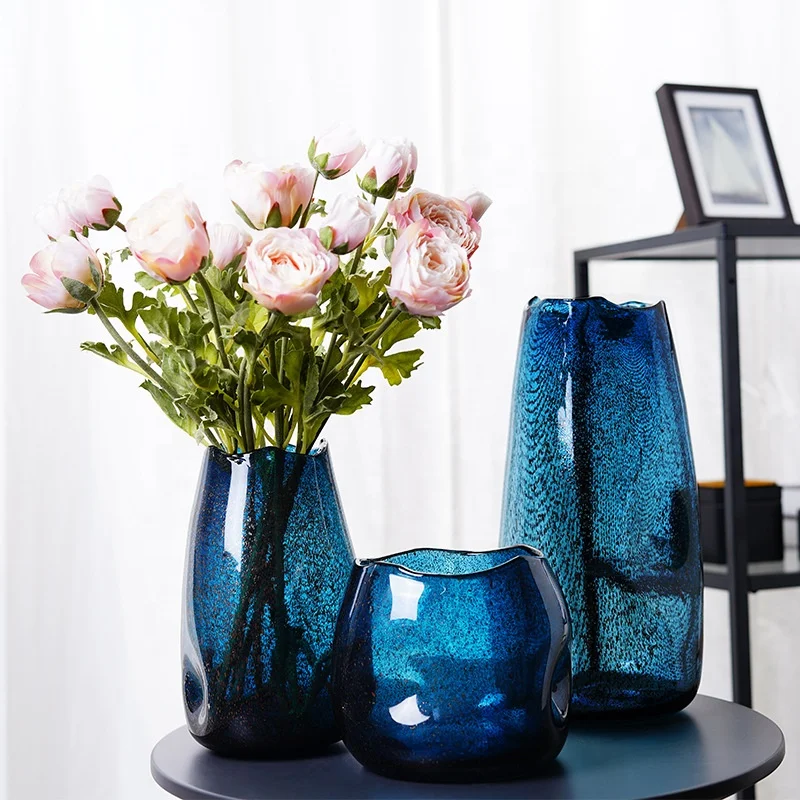 
Modern luxury glass vases blue swirl color glass vases Elegant flower glass vase 