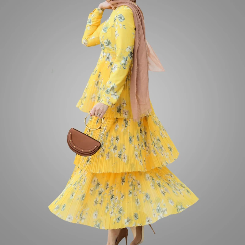 Fashion Flower Printed Long Sleeve Muslim Women Abaya Modest Fresh Islamic Clothing Kaftan Dress High Quality Muslim Abaya Jubah