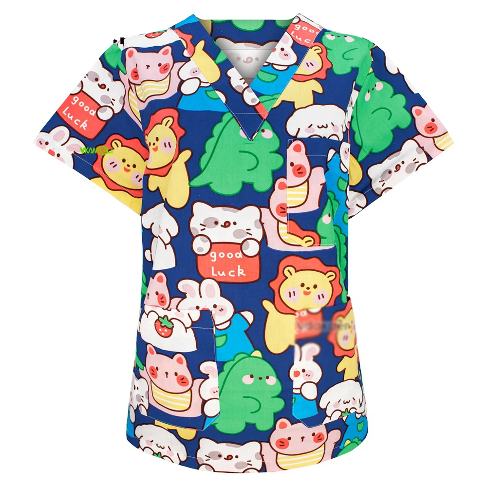 Cotton Cartoon Hospital Short Sleeve Shirts Medical Tops Designs Plus Size Hospital Nursing Scrubs Tops Nurse Uniform