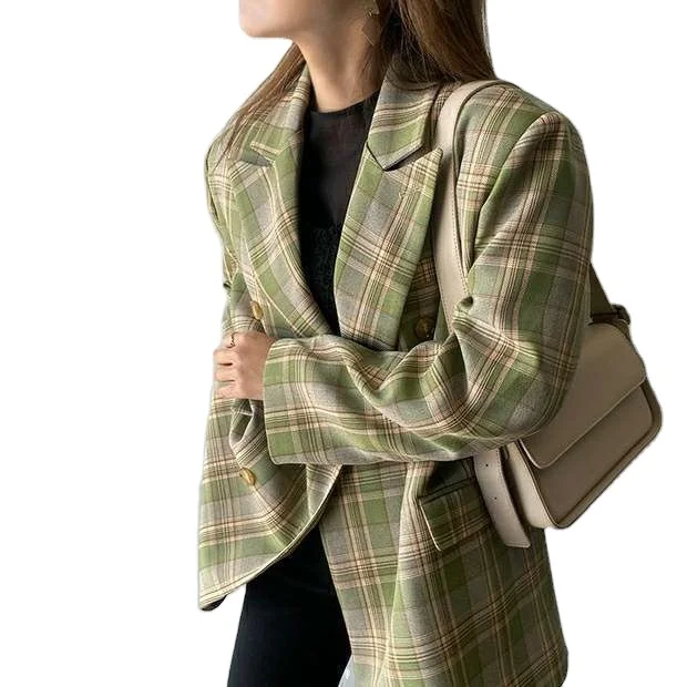 2024 Spring and autumn new casual loose double-breasted ladies plaid small suit jacket