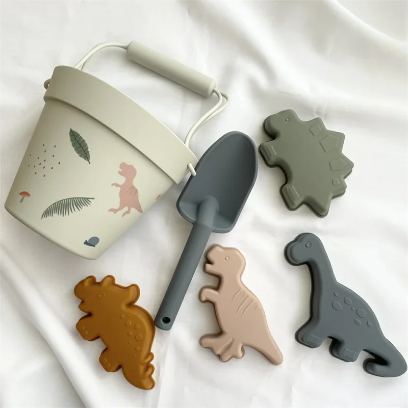 Wholesale Custom Logo Summer Sand Bucket Beach Baby Toys Set Dinosaur Shape Eco Soft Silicone Game Play for Kids DIY