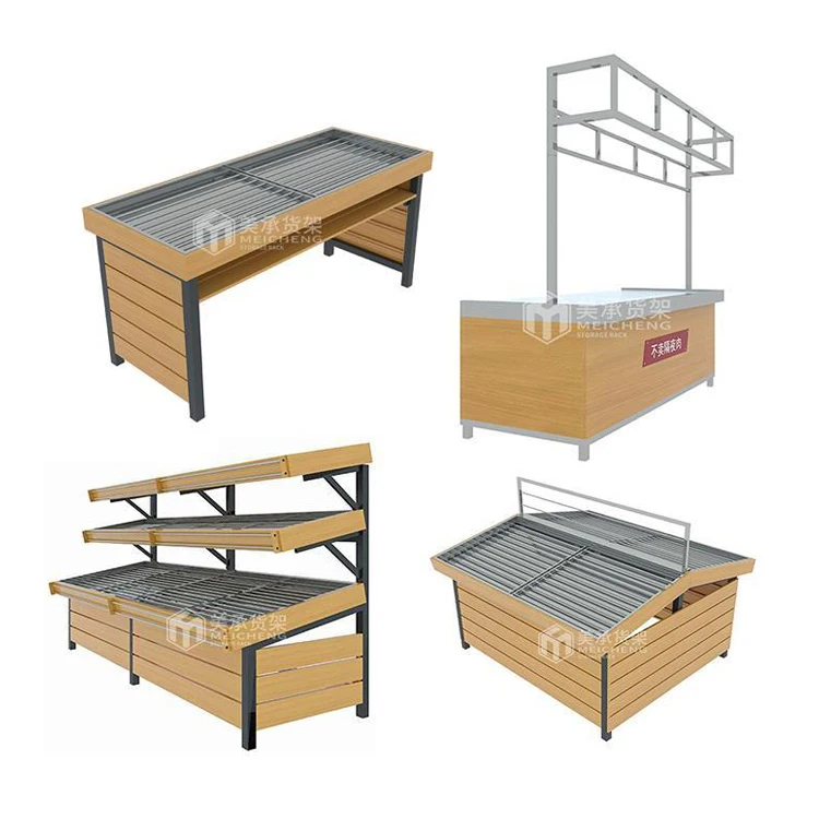 Meicheng Shop Racks Wooden Vegetable Stand Supermarket Steel Wood Fruit Vegetable Display Stand