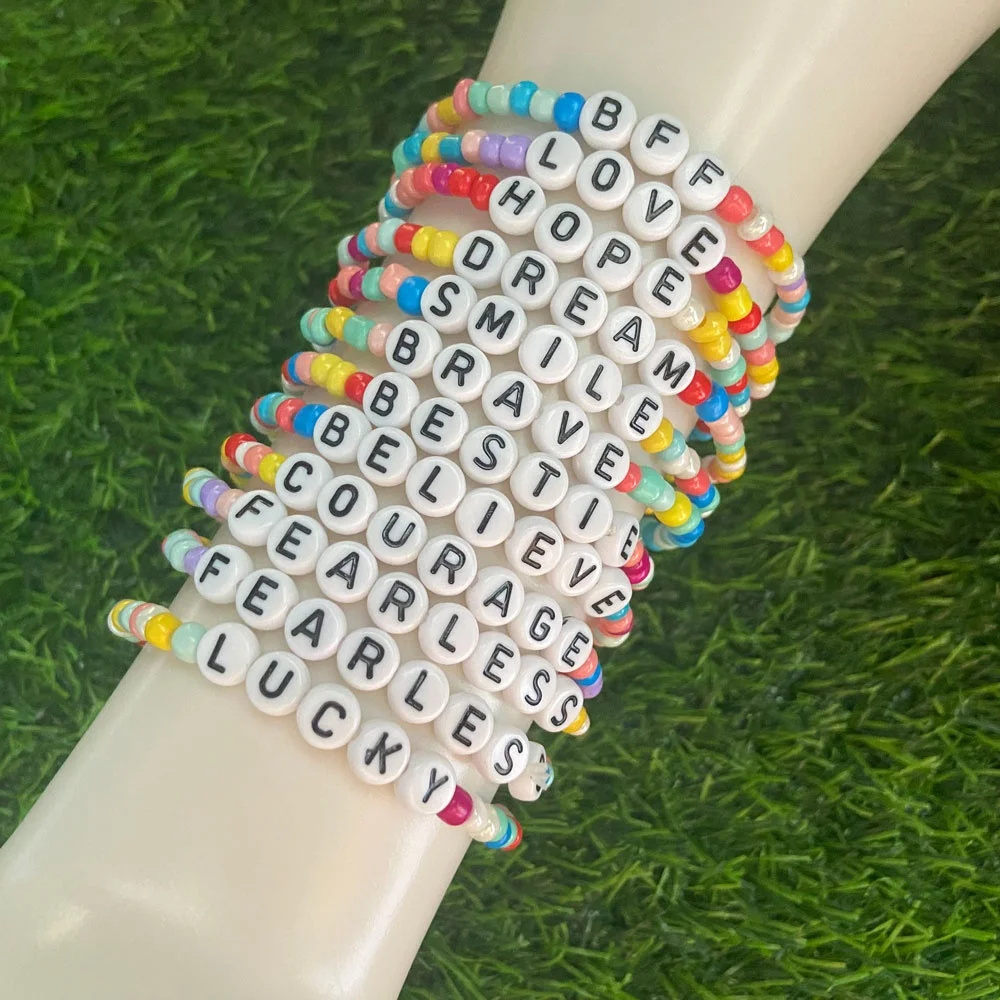 Custom Colorful Stretch Seed Beaded Bracelet for Women Monogram Initials LUCKY Friendship Bracelets