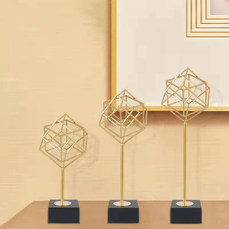 House interior accessories pieces luxury creative golden metal geometric square statue home decor for living room