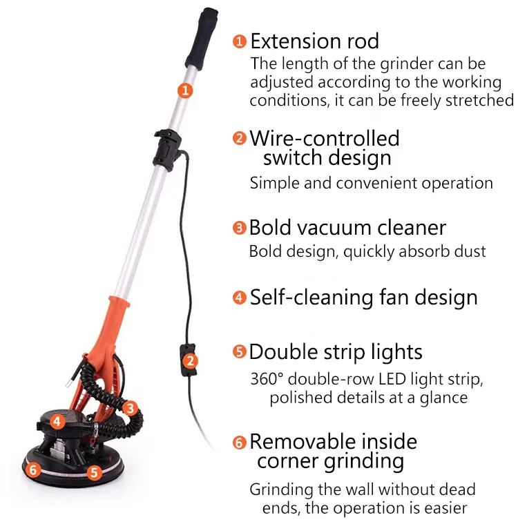 KONSUN Wholesale High Efficiency Detachable Electric Wall Grinding Machine Drywall Wall Sander with LED