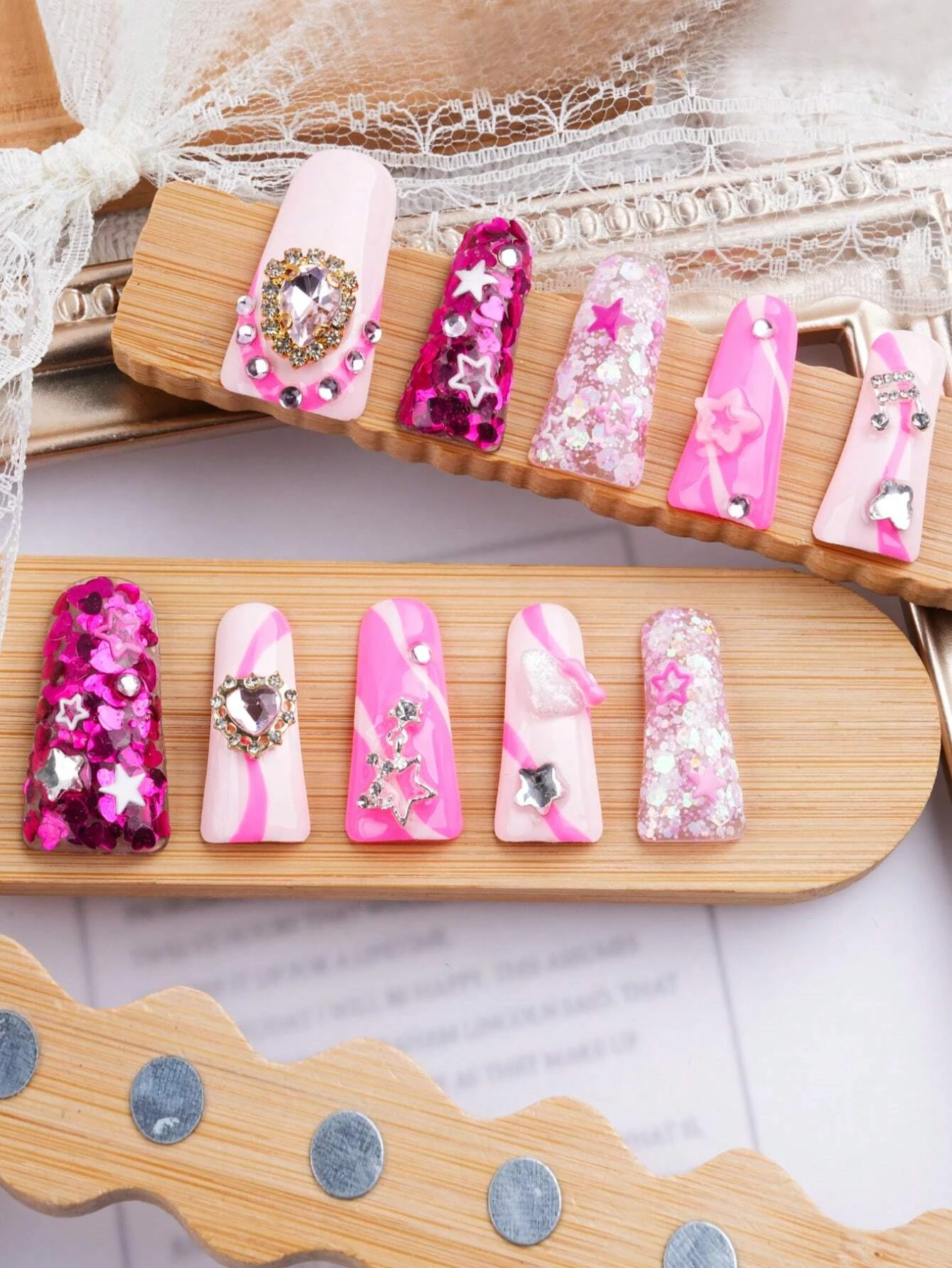 10pcs Exclusive Design Duck Nails Y2K Pink Glitter Handmade Press On Nails With 3D Gem Rhinestones
