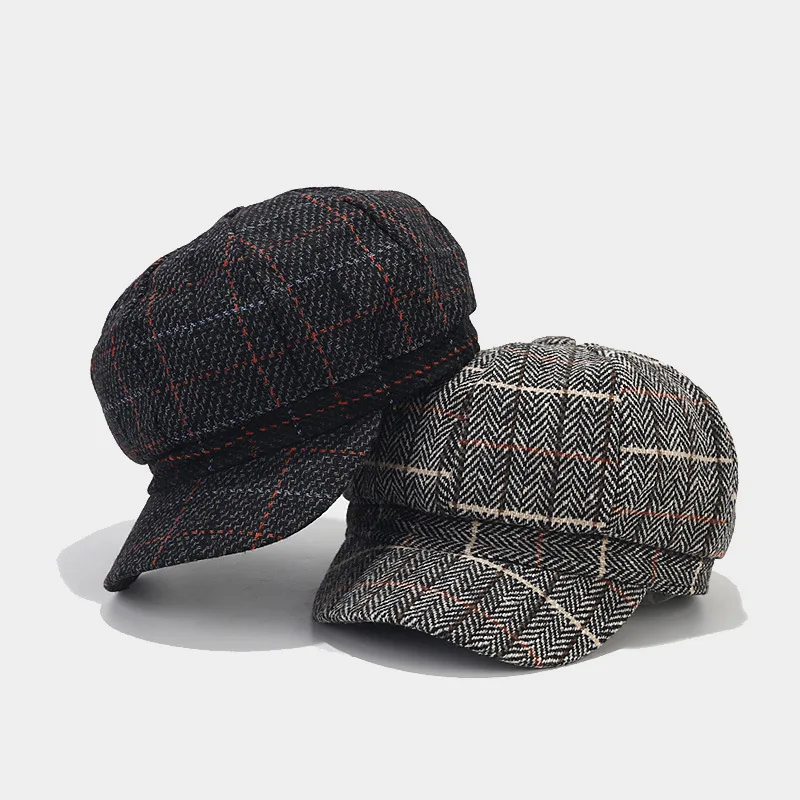 Fashion Artist beret hat Newsboy Peaked Beret Cap Vintage 8 Panel Plaid Cabbie hat