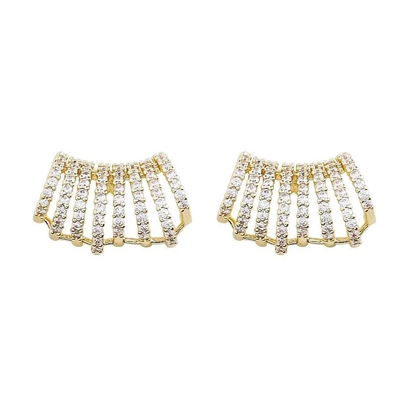 Korean Quality Gold Plated Fashion Diamond Luxury Women Stud Earrings Stylish Multilayer Row Cubic C Shape
