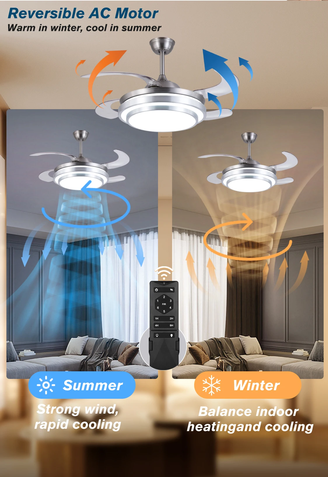 AIERTEC 42' Chandelier modern pendant lights Golden Silver Retractable Invisible Led Ceiling Fan light With Light And Remote