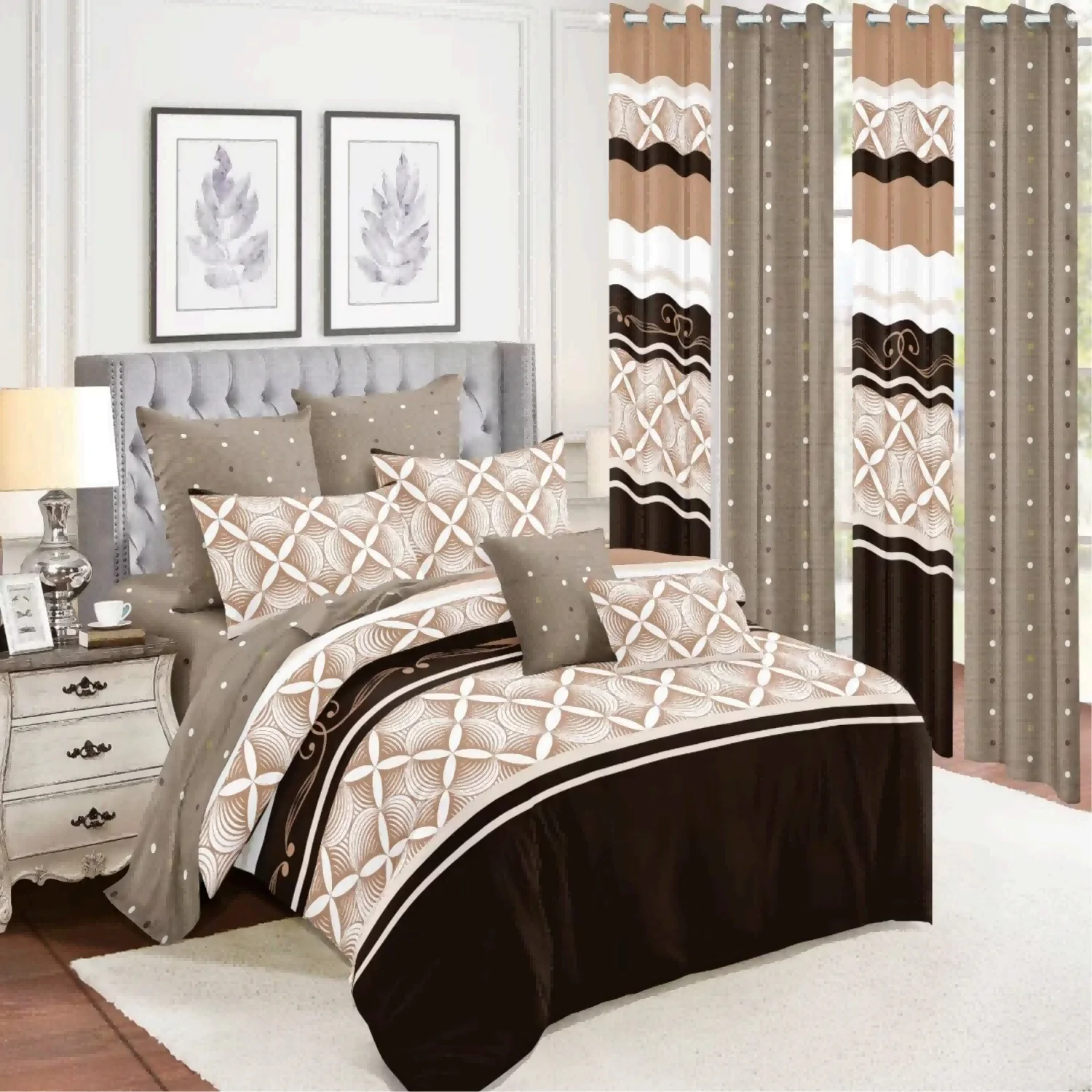 Microfiber Printed 11pcs Bedroom Bed Duvet Cover Bed Sheet Curtain Bedding Sets with Matching Curtains