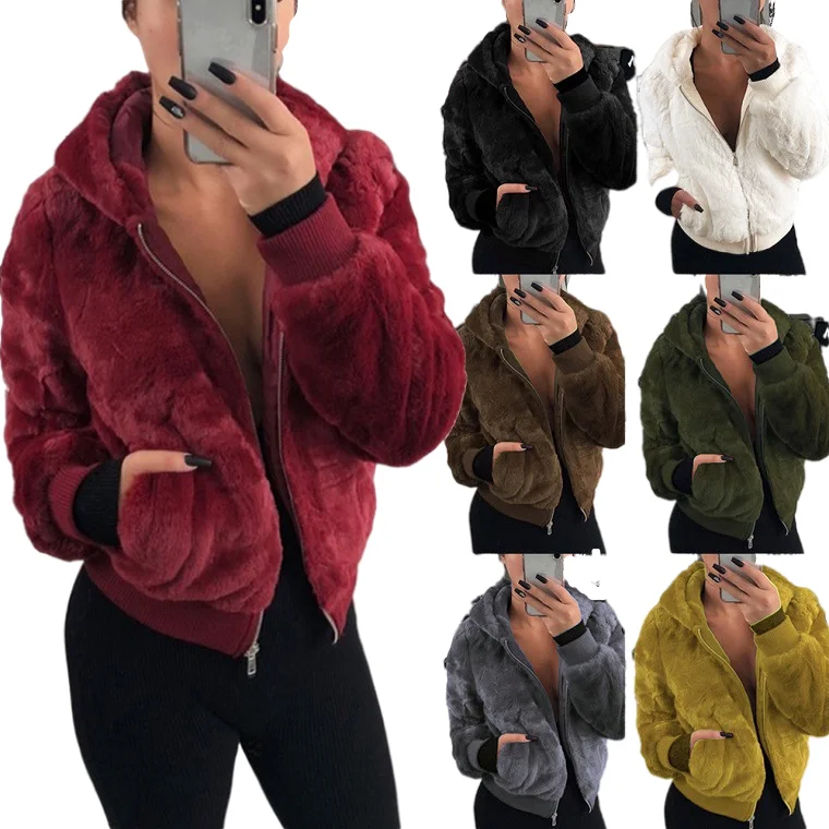 New Arrival Winter Fall Plush Coat Jacket Women Winter Clothes Red Rabbit Imitation Fur Zipper Cardigan Warm Winter Plush Coat