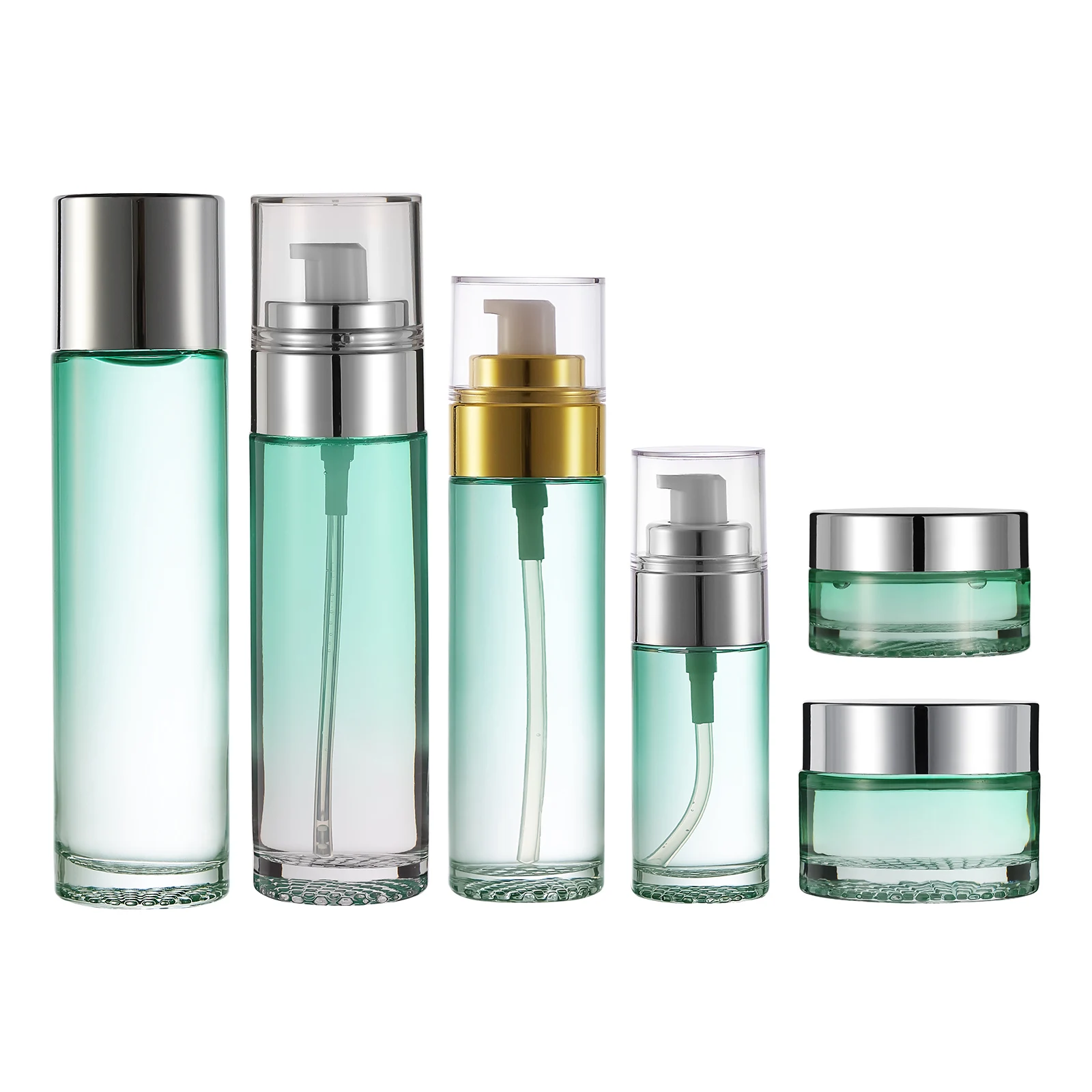 30g 50g 40ml 100ml 120ml Round Glass Grenn Pump Bottle Empty Glass Cosmetic Spray Container