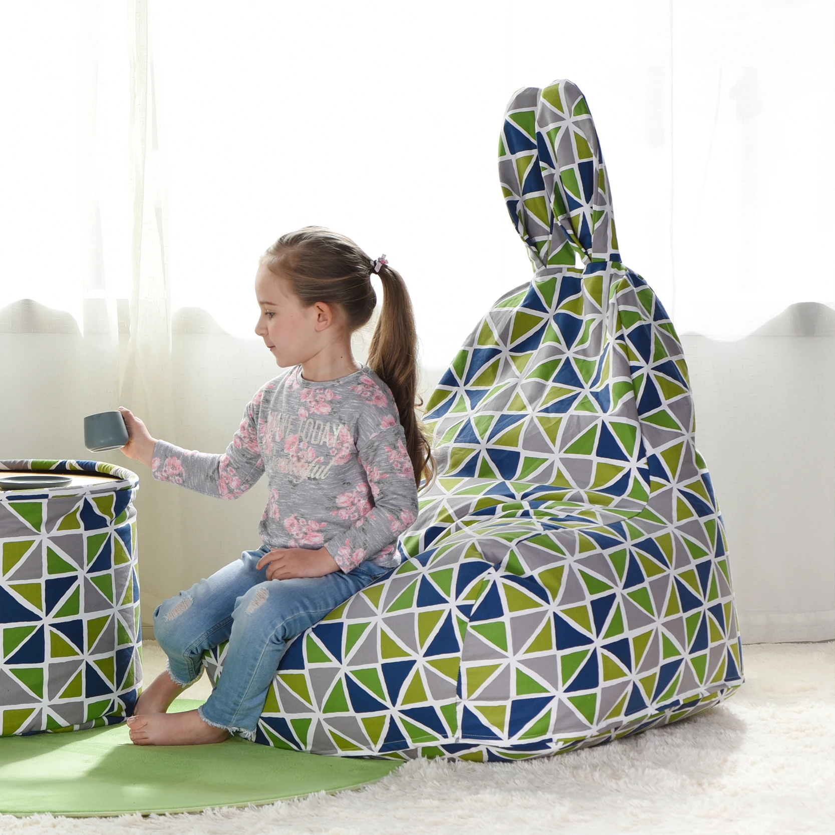 Customized Kid Bean Bag Chair High  Rabbit Shape Norway Modern Soft Fabric Size S Cover Only