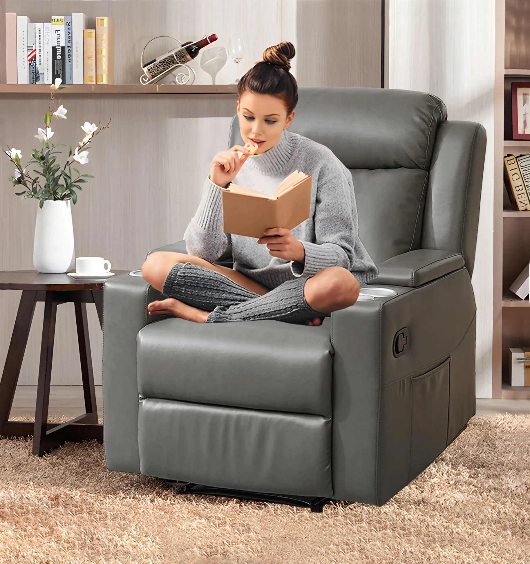 Factory direct Living Room Sofas black grey pu leather Electric Power single Recliner Chair with storage and cup holder table